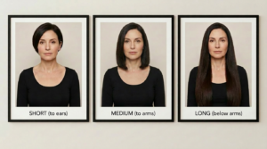 3 phptos of a woman showing hair lenght example at hair salon Gloucester